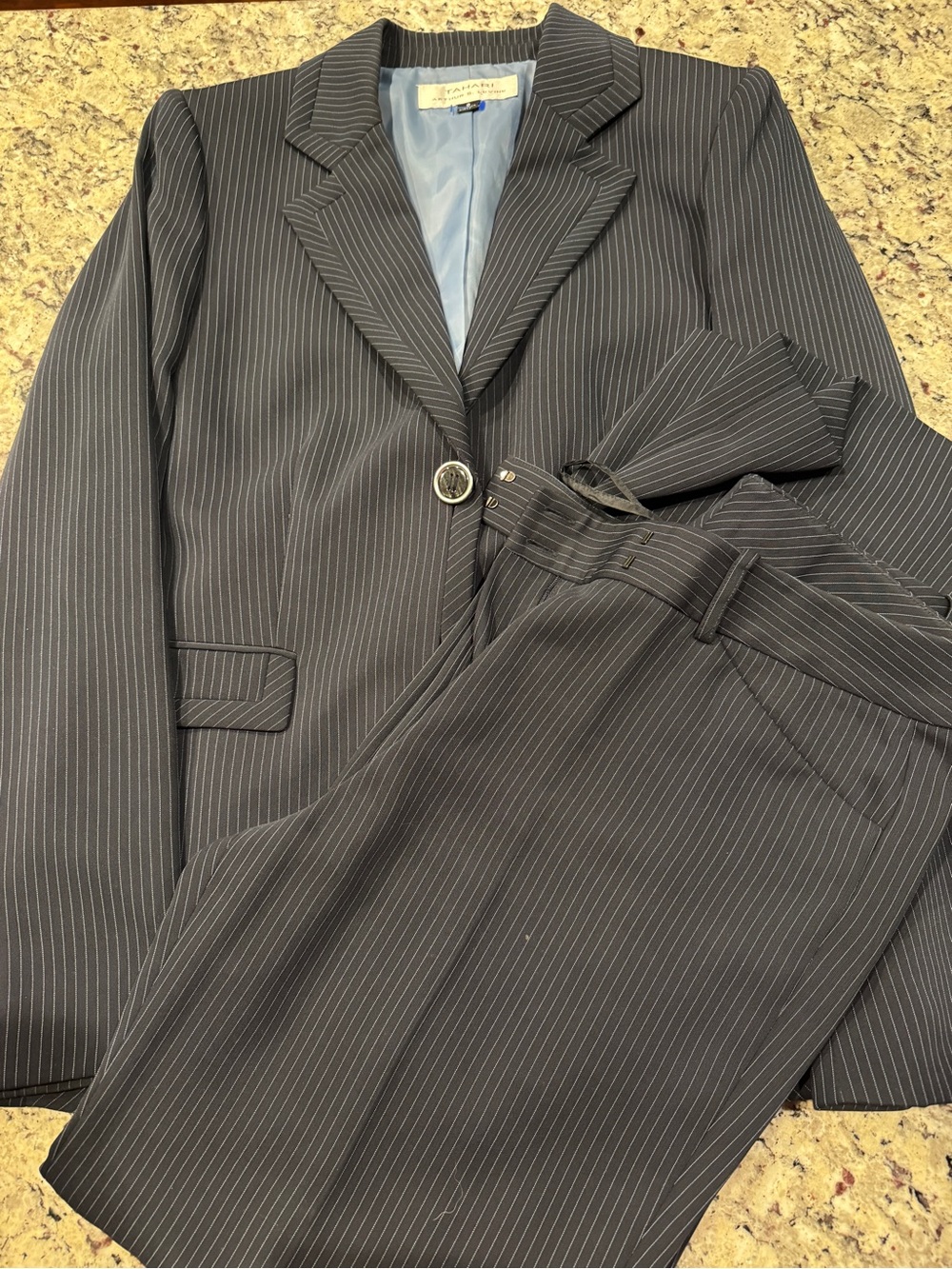 Tahari Navy Blue Pinstripe Women's Two-Piece Pantsuit